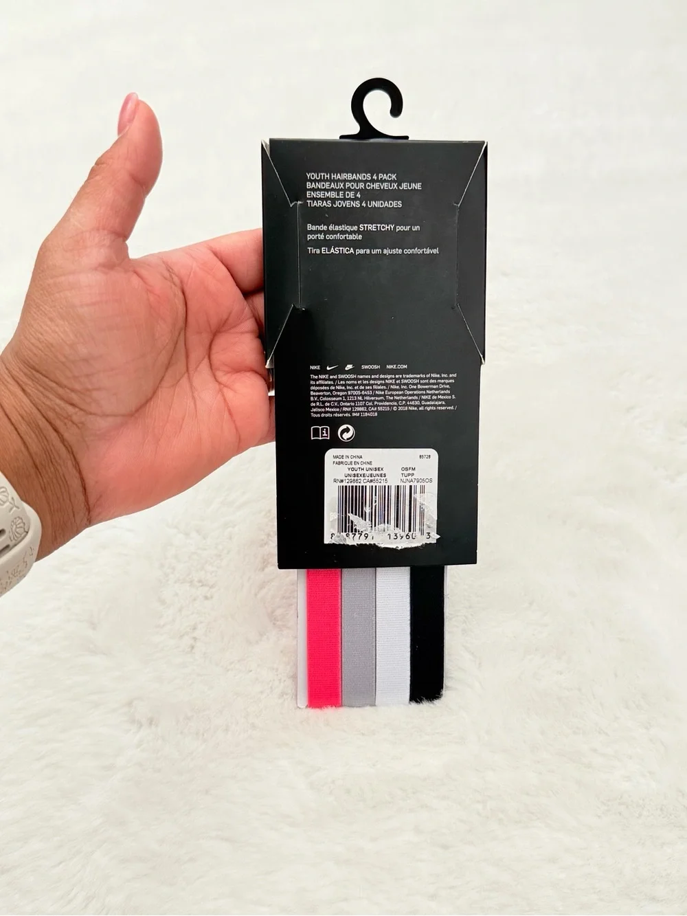 Nike Youth 4-Pack Elastic Hairbands — Black, White, Gray, Hot Pink